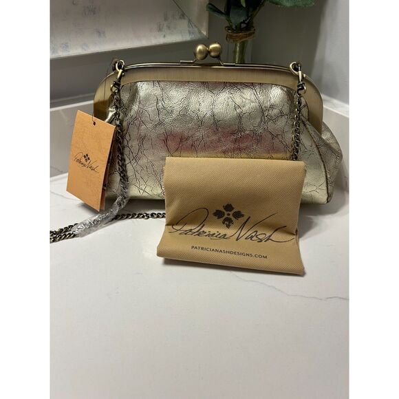 Patricia Nash Distressed Gold Leather Mia Frame Handbag, New With Tags - Picture 2 of 13